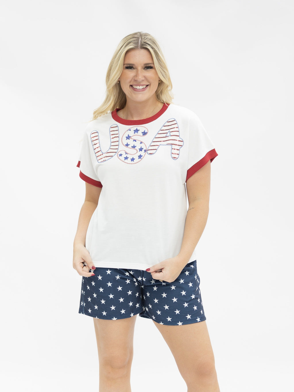 Sequin "USA" on White Top