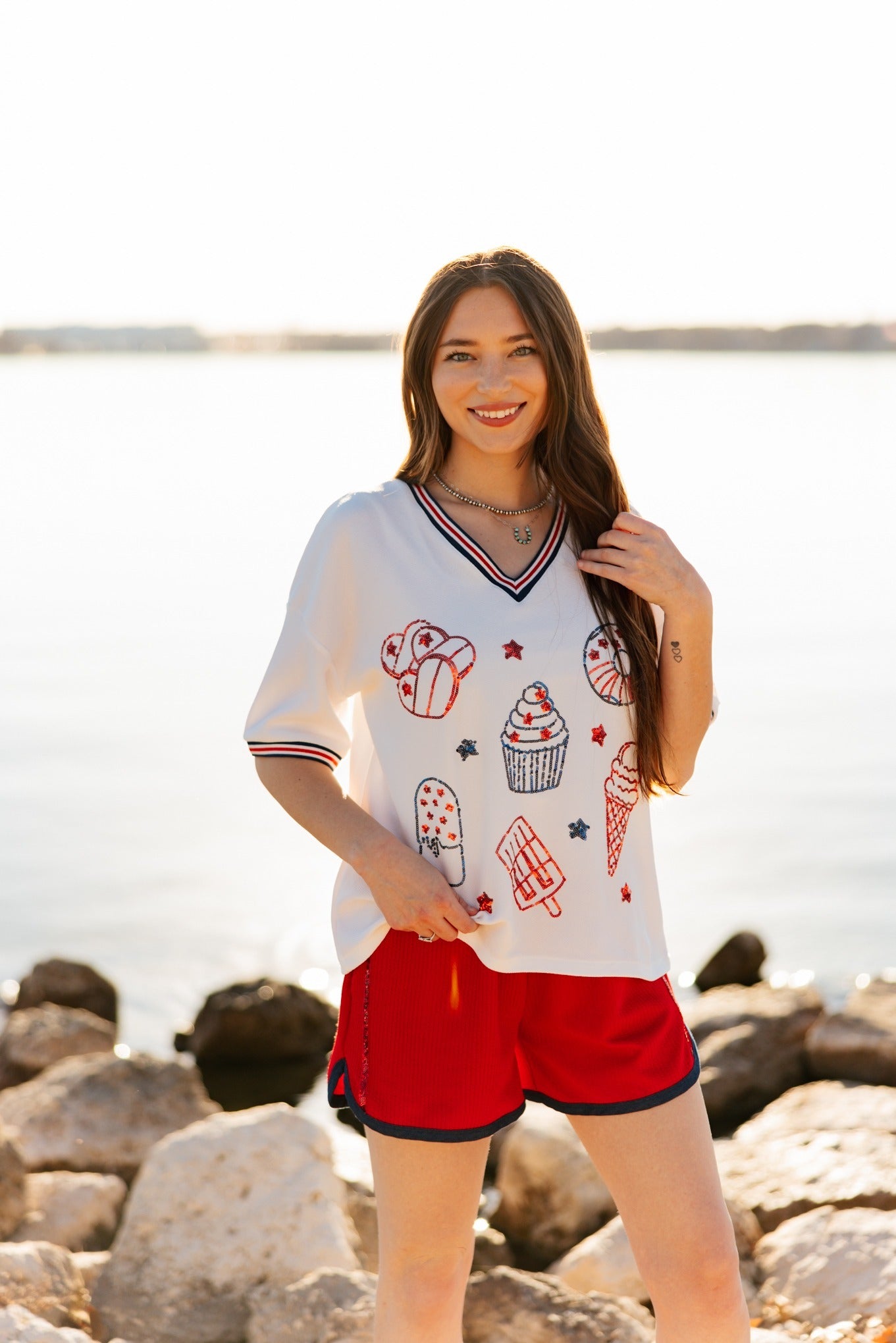 Sequin Americana Elements on V-Neck Top