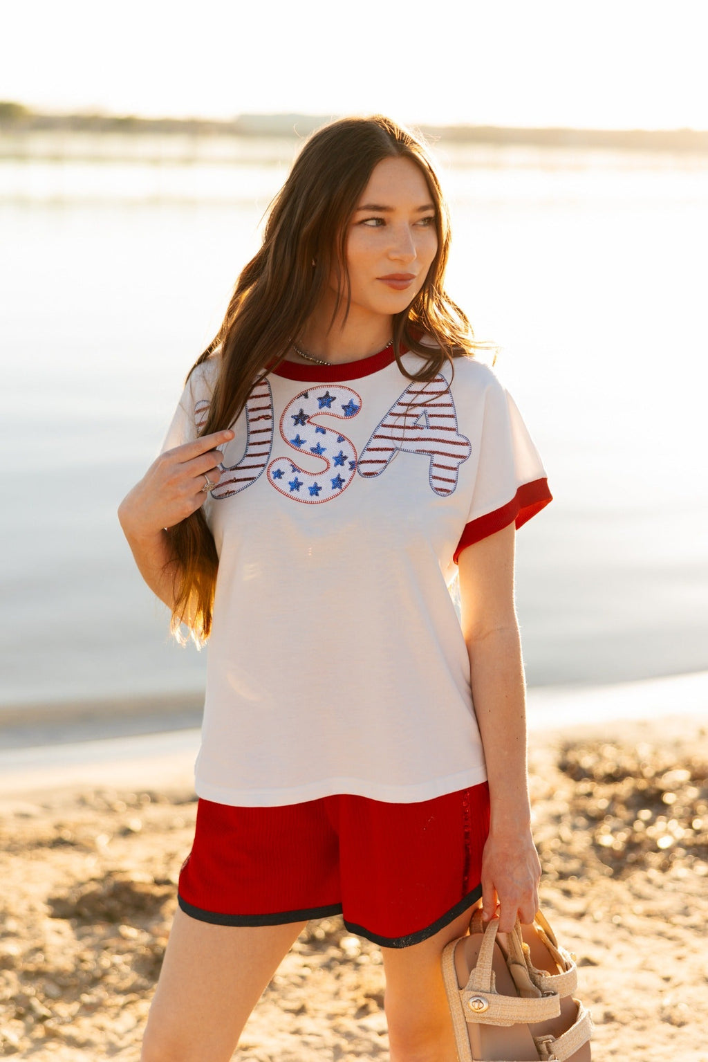 Sequin "USA" on White Top