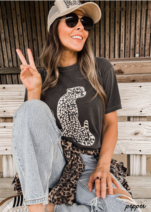 Cheetah graphic Comfort Colors tee with vintage wash, relaxed unisex fit, soft cotton fabric styled with denim for everyday wear