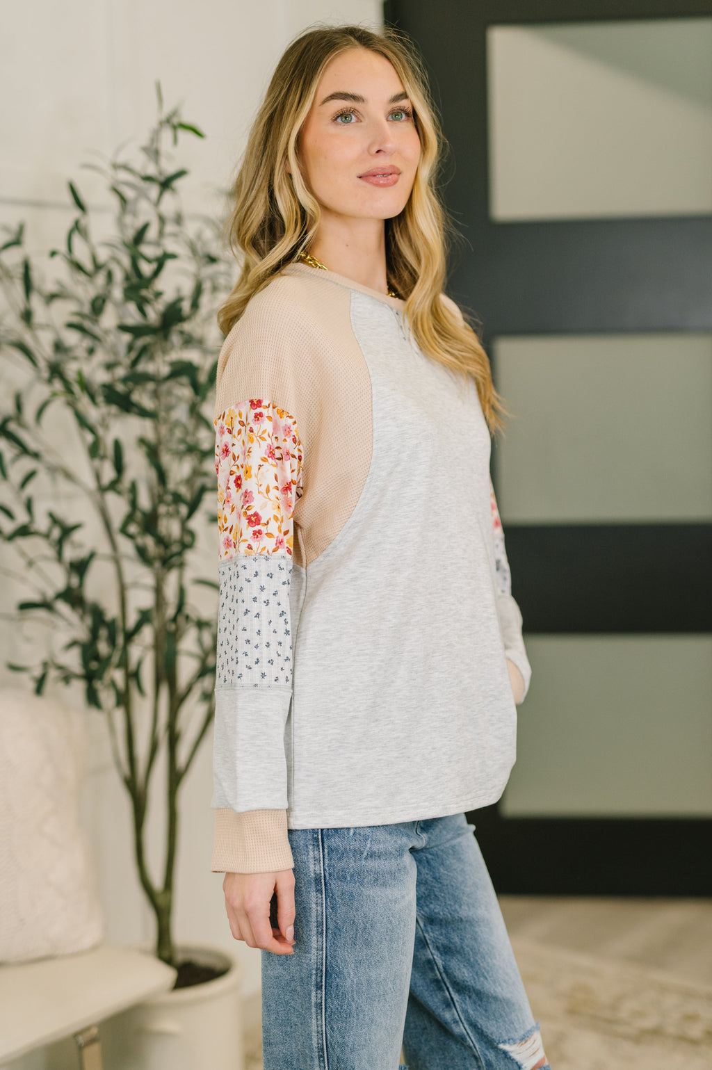Mixed Print Long Sleeve Top – French Terry Raglan Sweatshirt