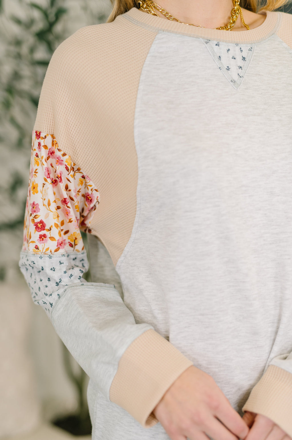 Mixed Print Long Sleeve Top – French Terry Raglan Sweatshirt