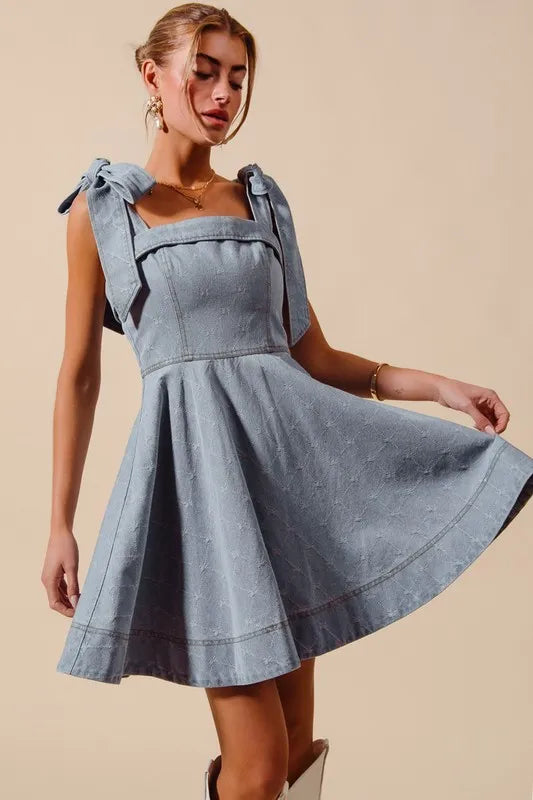 A-line fit and flare denim dress with diamond bow ribbon stitching, retro western casual style for everyday and event wear. (