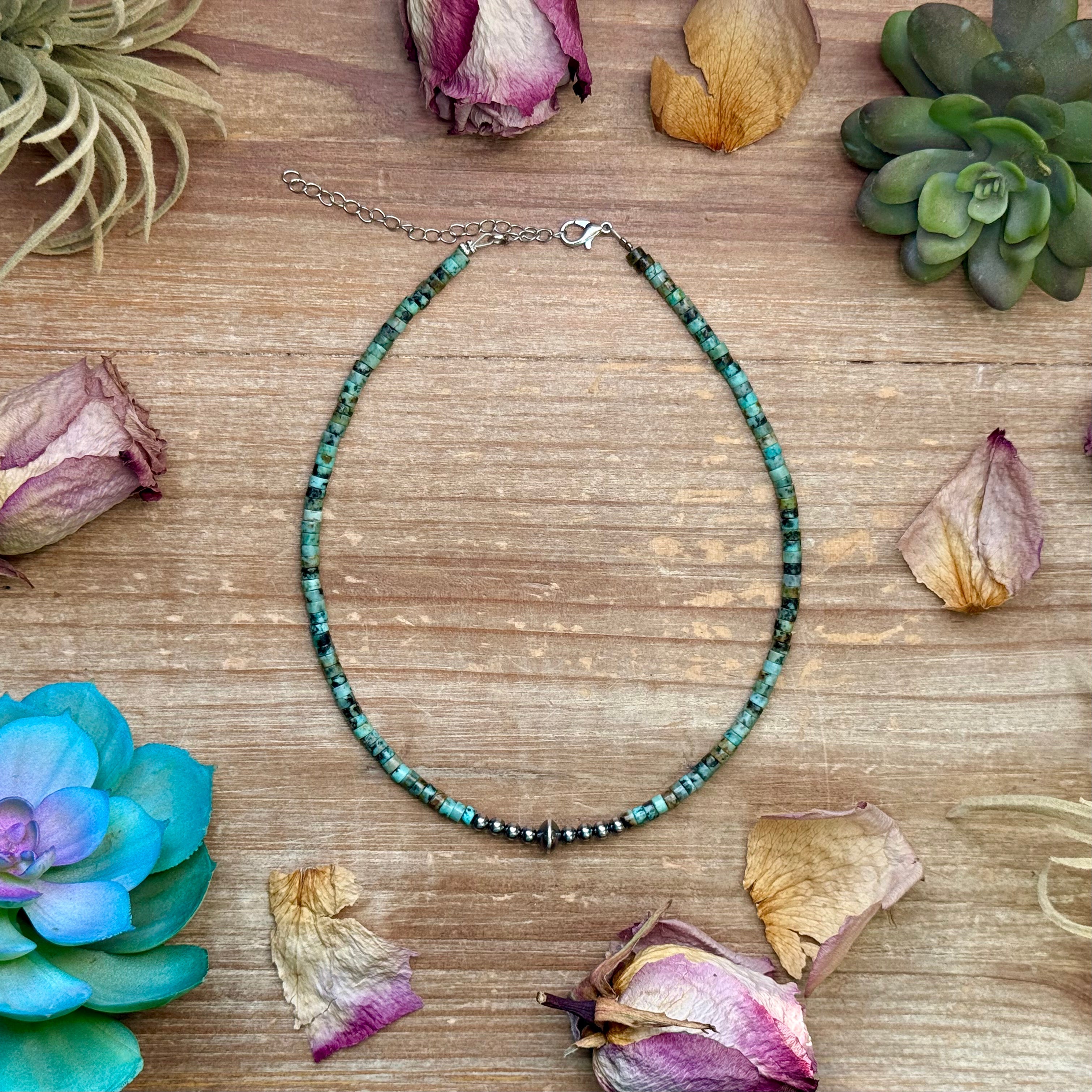 Artisan women’s choker-style necklace with natural African turquoise heishi beads and sterling silver pearl accents, 14 inch length, earthy minimalist western layering jewelry.