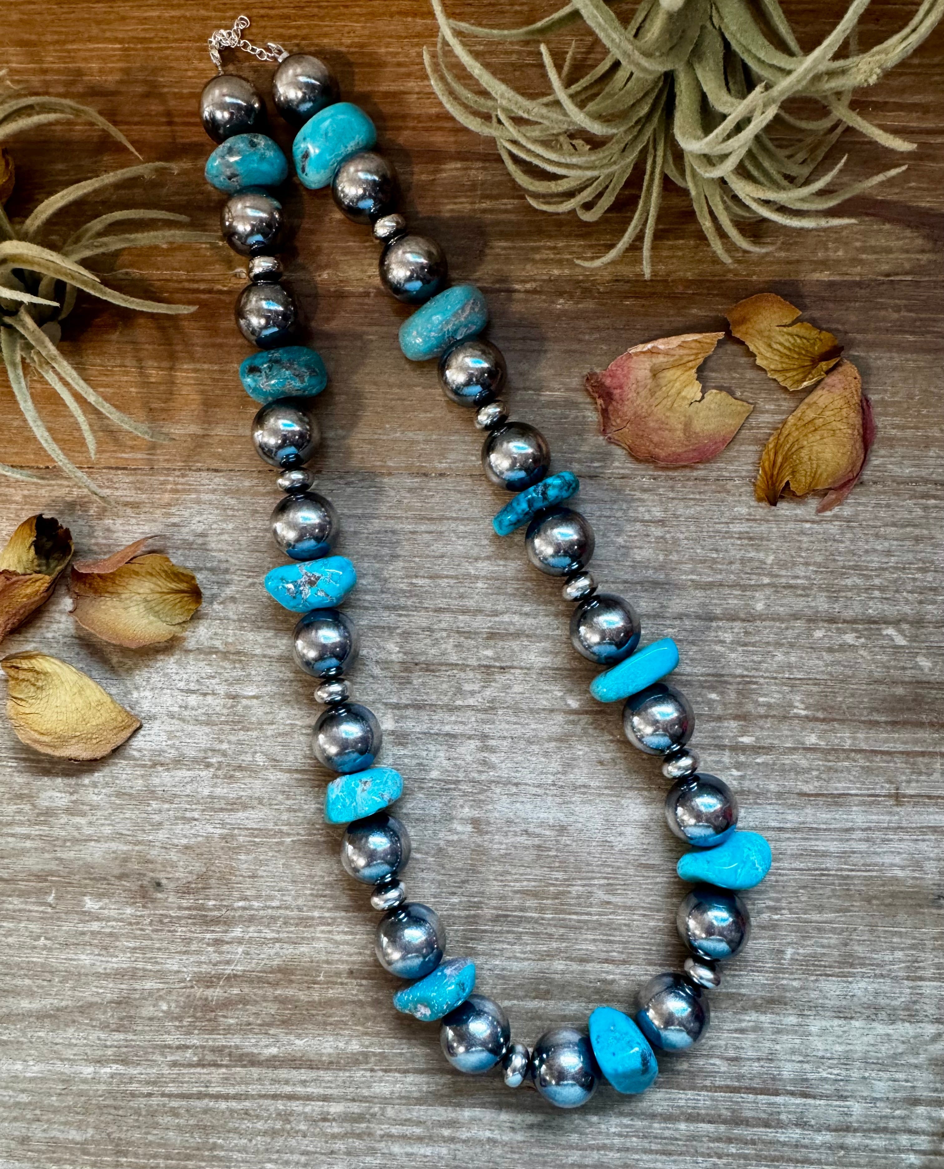 Women’s 21 inch turquoise nugget necklace with 925 sterling silver pearls and lobster clasp, hand-picked Arizona stones, bold western layering jewelry.