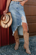 Women’s asymmetrical distressed denim skirt with frayed hem, casual western street style for everyday outfits.