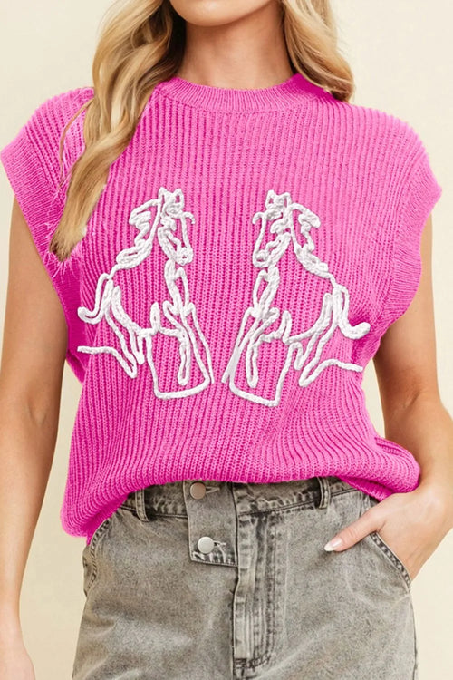 Pink ribbed knit top with a white stitched running horse design circling a barrel pattern. Cap sleeves, soft sweater feel, casual everyday fit.