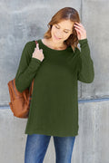 soft stretchy army green long sleeve shirt with dropped shoulders and round neck, relaxed full size boutique basic layer for jeans or leggings