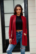 Women’s soft crimson red pocketed cardigan, cozy casual lightweight knit layer for western casual outfits and everyday wear.
