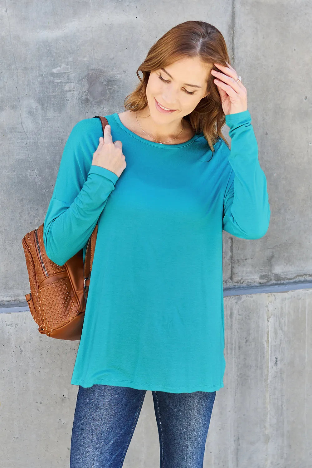 soft stretchy sky blue long sleeve shirt with dropped shoulders and round neck, relaxed full size boutique basic layer for jeans or leggings