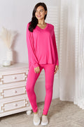 Women’s V-neck long sleeve lounge set with soft stretch fabric, relaxed top and comfy shorts-style bottom, minimalist casual outfit for cozy everyday wear.