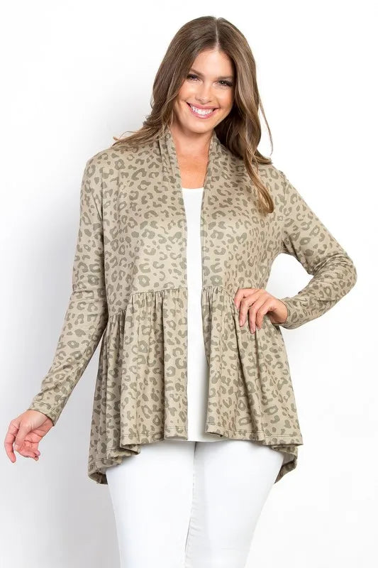Women’s open front cardigan with peplum hem and leopard print, soft knit fabric, flattering silhouette, versatile casual layering for everyday or night out.