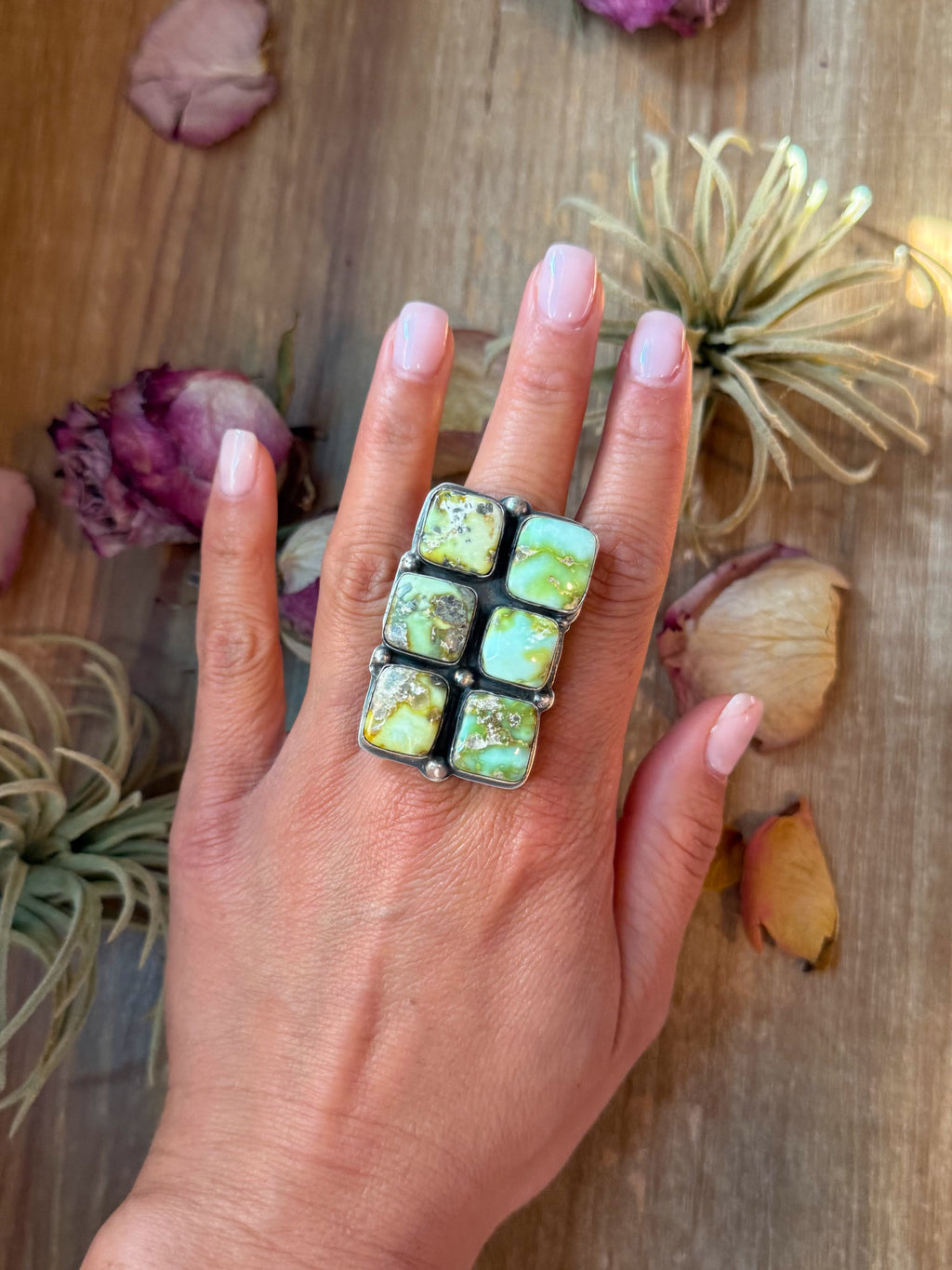 Handmade Navajo adjustable ring stamped BJA. 6 natural Palomino turquoise stones set in 925 sterling silver by New Mexico silversmith Boyd Ashley.