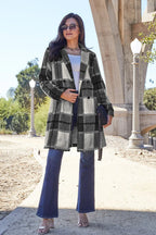 black plaid button-up coat, lapel collar, lightweight unlined fabric, front patch pockets, classic casual layering style, sizes S–3X