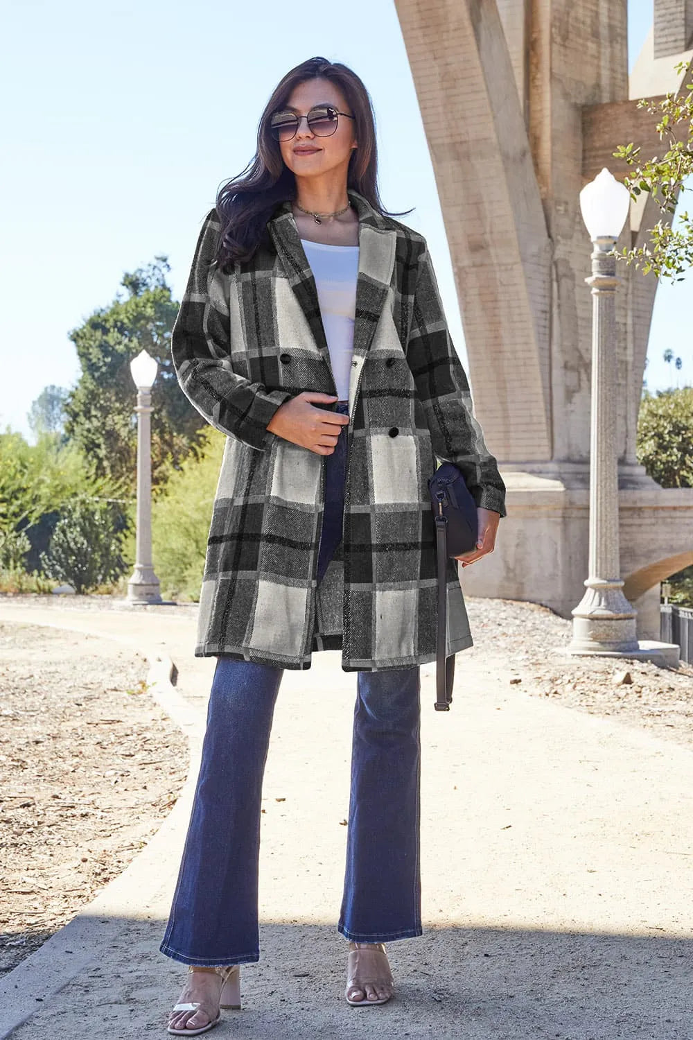 black plaid button-up coat, lapel collar, lightweight unlined fabric, front patch pockets, classic casual layering style, sizes S–3X