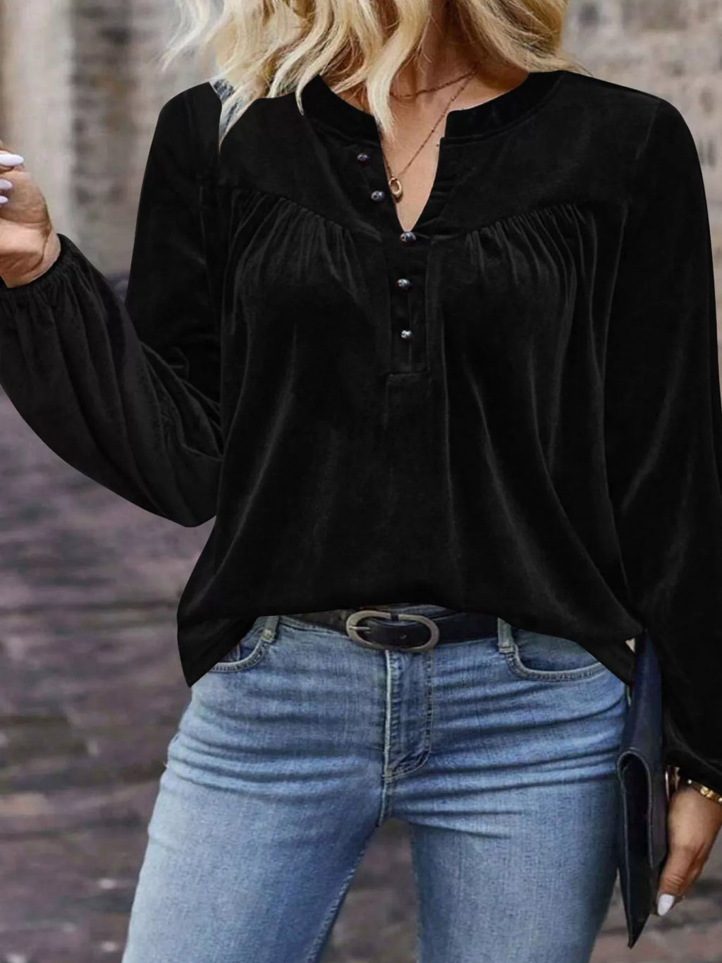 Black velvet western blouse with soft balloon sleeves, long sleeve, luxe stretch fit for everyday or country-night styling.