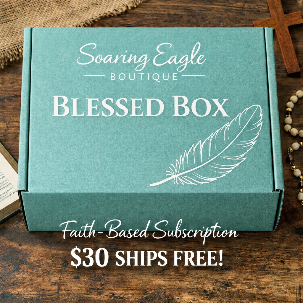 Faith-based monthly subscription box with decor, custom items, accessories, and surprise goods. $30 with free shipping, curated for inspiration, joy, and everyday encouragement.