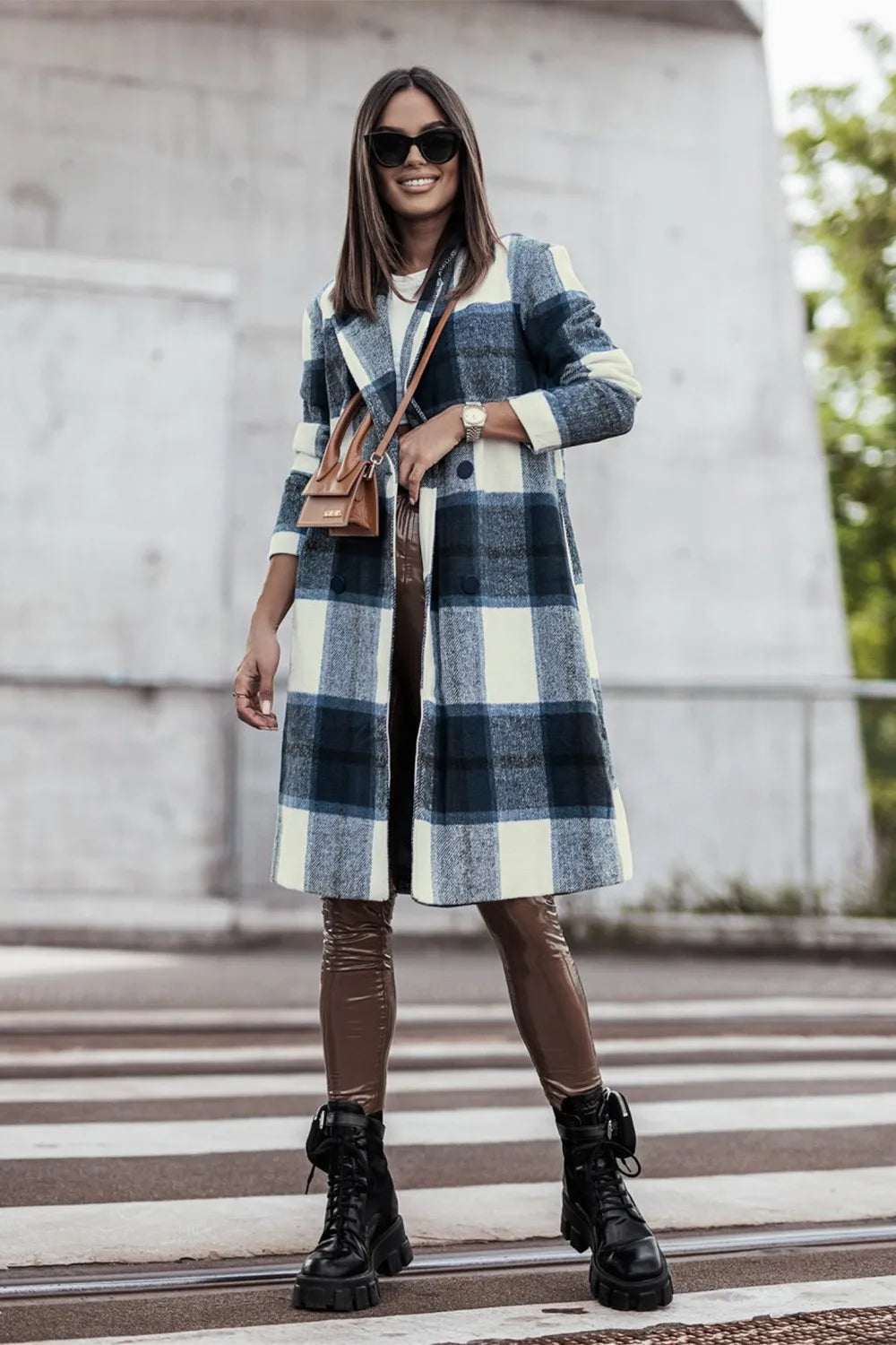 Blue and black plaid button-up coat, lapel collar, lightweight unlined fabric, front patch pockets, classic casual layering style, sizes S–3X