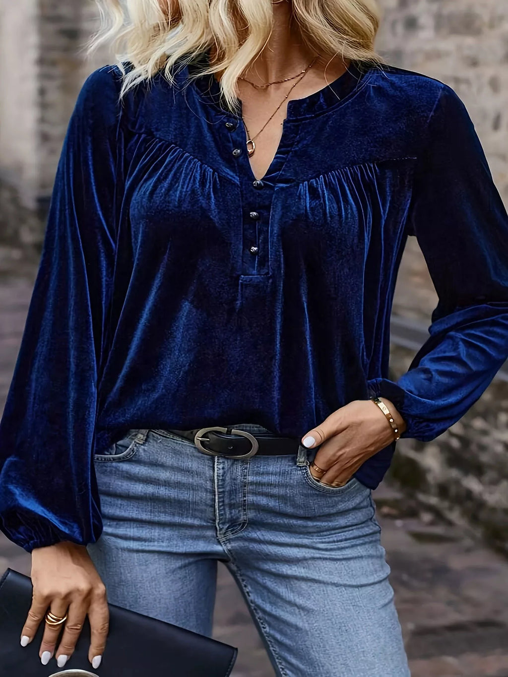 Blue velvet western blouse with soft balloon sleeves, long sleeve, luxe stretch fit for everyday or country-night styling.