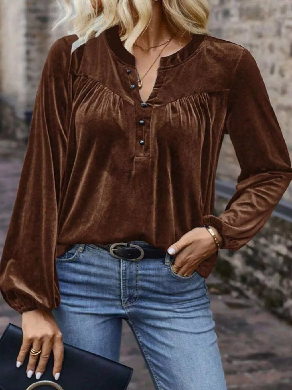 Brown velvet western blouse with soft balloon sleeves, long sleeve, luxe stretch fit for everyday or country-night styling.