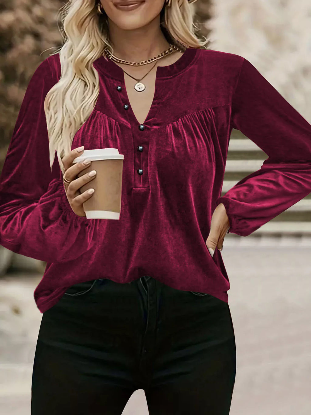 Burgundy velvet western blouse with soft balloon sleeves, long sleeve, luxe stretch fit for everyday or country-night styling.