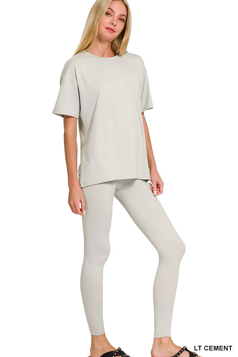 Light cement zenana brushed microfiber pullover top with matching opaque stretch leggings. Soft, cozy, and relaxed everyday fit that’s easy to wear.