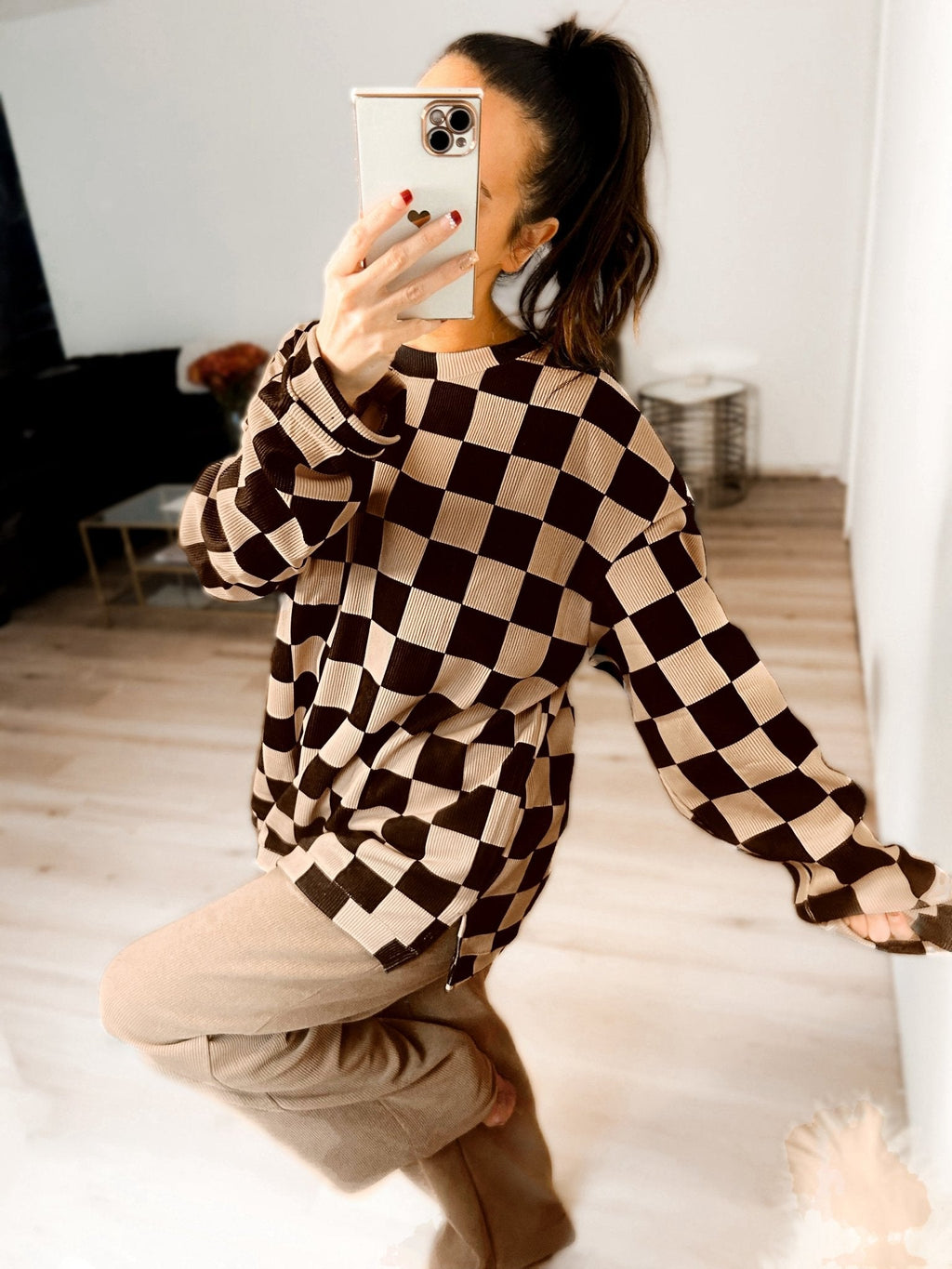 Checkered Corded Crew Sweater Set