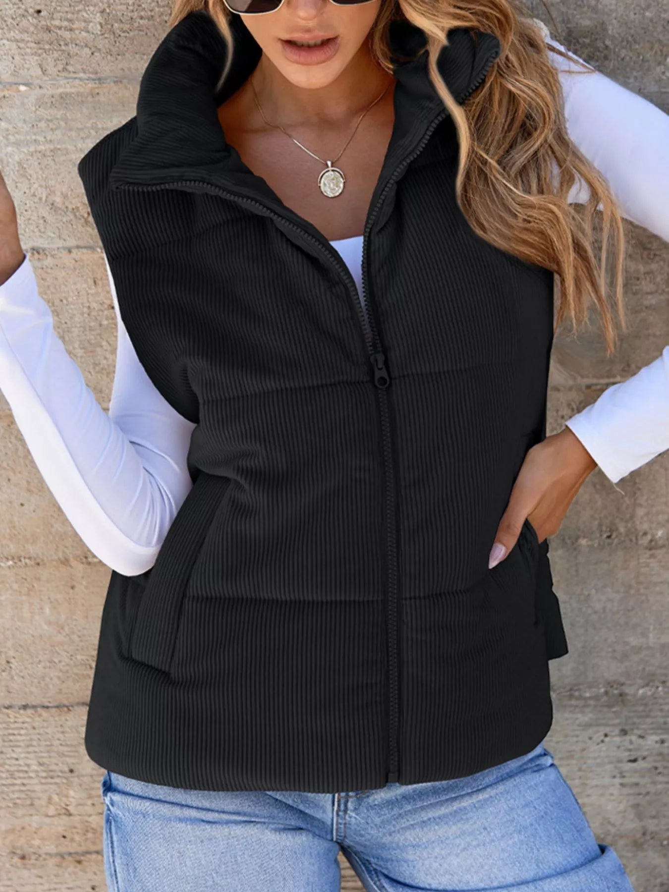 Black padded corduroy zip vest for women with pockets. A staple country layer for denim, boots, cozy errands, and casual everyday style.
