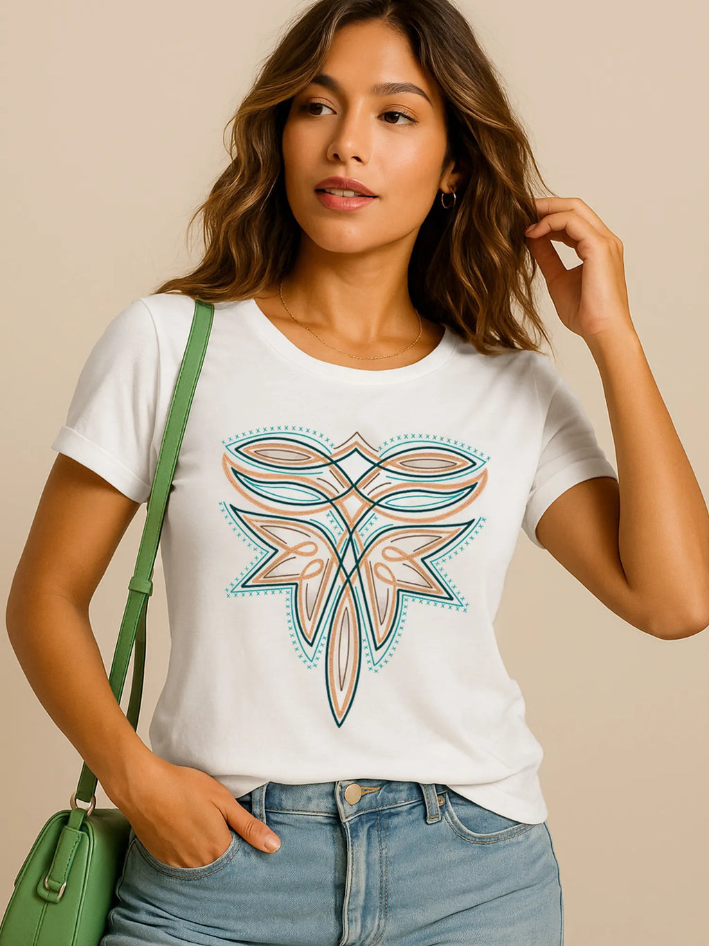 White graphic tee with a western boot stitch design in teal and brown. Soft, stylish, and perfect for casual country layering and denim outfits.