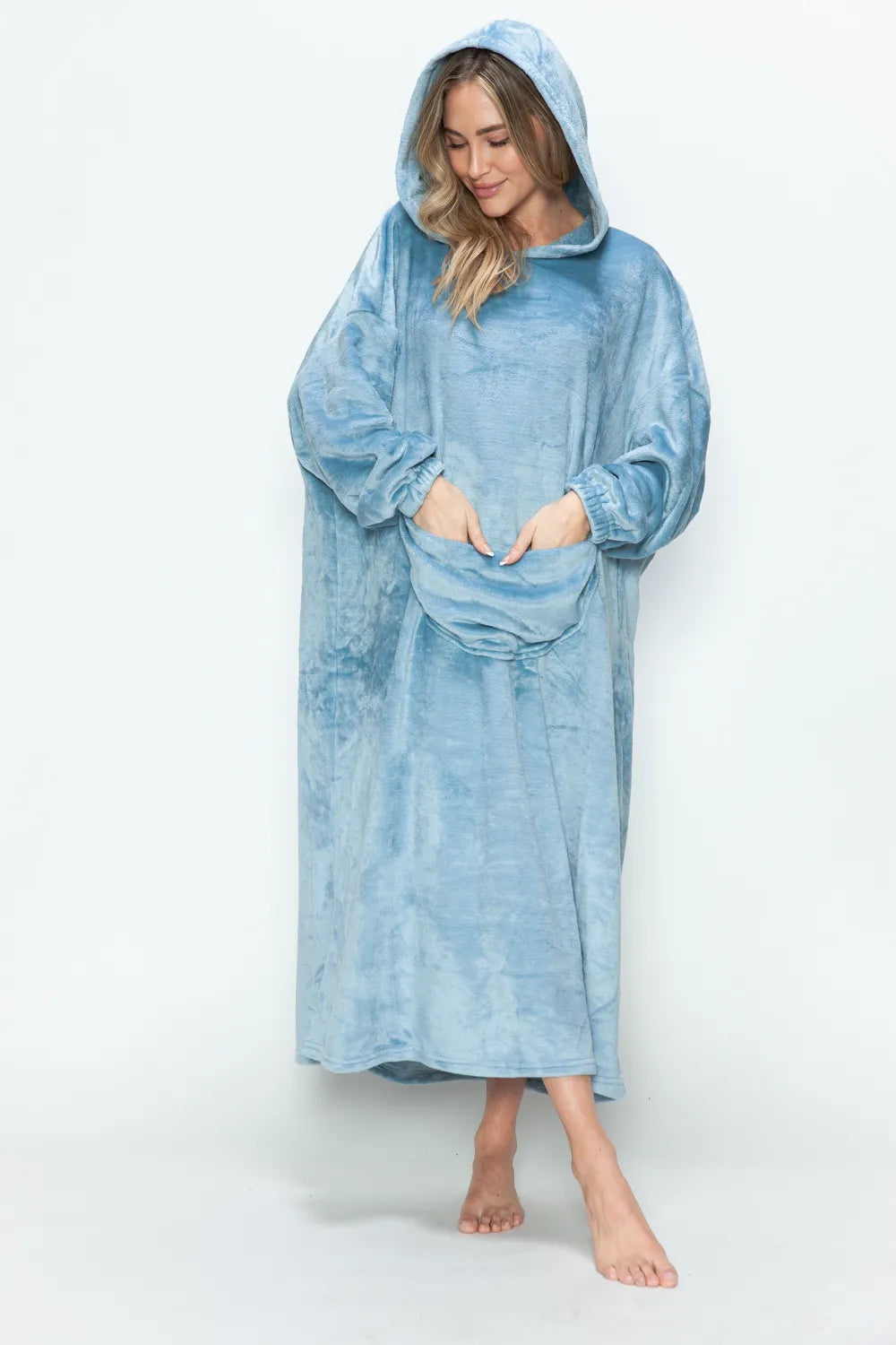 Women’s fleece midi lounge dress with hood and pockets, ultra cozy soft fabric, casual everyday warmth for home and weekend wear. Blue