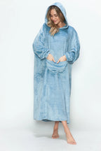 Women’s fleece midi lounge dress with hood and pockets, ultra cozy soft fabric, casual everyday warmth for home and weekend wear. Blue