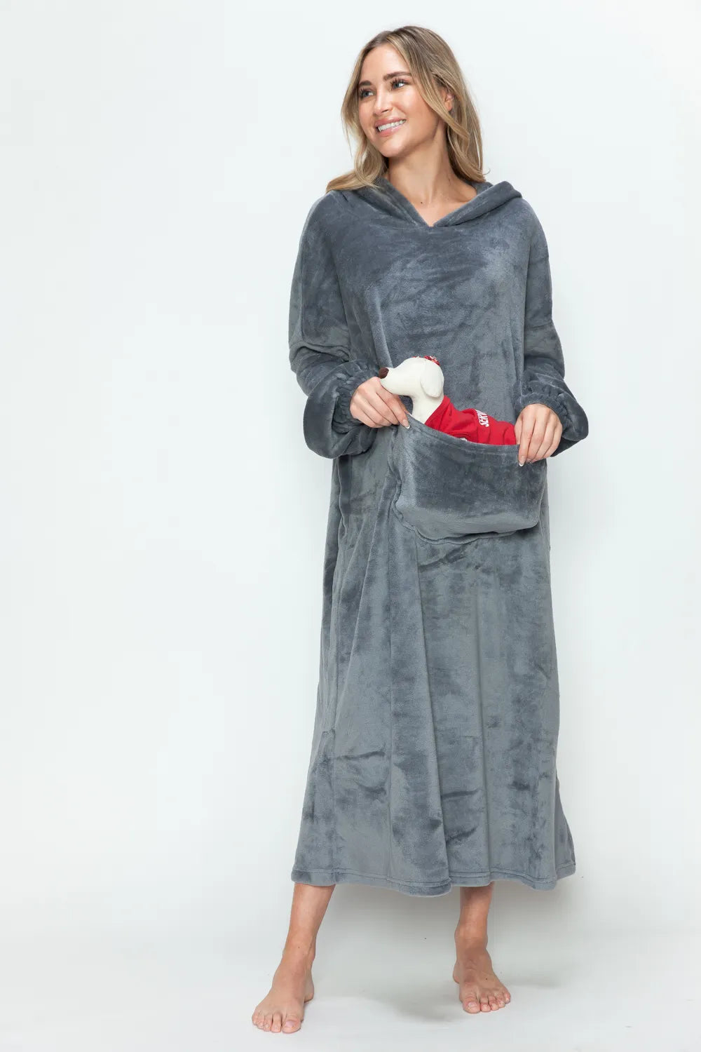 Women’s fleece midi lounge dress with hood and pockets, ultra cozy soft fabric, casual everyday warmth for home and weekend wear. Gray