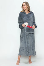 Women’s fleece midi lounge dress with hood and pockets, ultra cozy soft fabric, casual everyday warmth for home and weekend wear. Gray