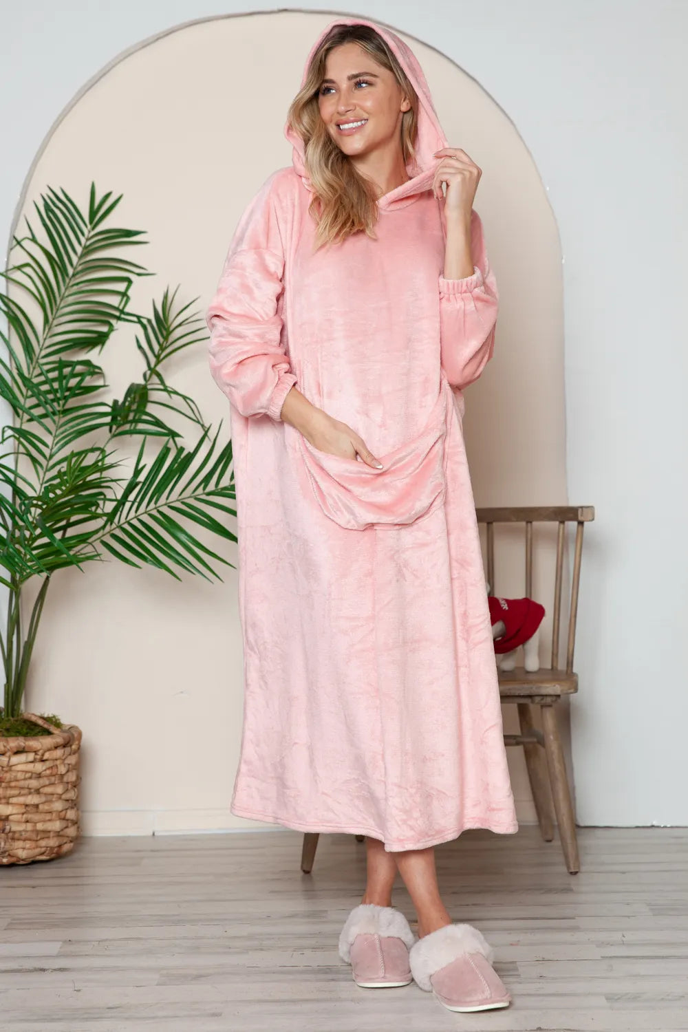 Women’s fleece midi lounge dress with hood and pockets, ultra cozy soft fabric, casual everyday warmth for home and weekend wear. Pink