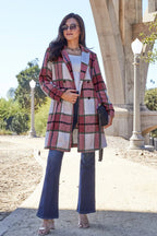 Deep Red plaid button-up coat, lapel collar, lightweight unlined fabric, front patch pockets, classic casual layering style, sizes S–3X
