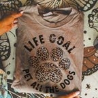 Pet All The Dogs leopard paw graphic tee on Comfort Colors shirt with vintage wash, relaxed fit styled for casual dog lover outfits