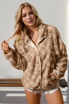 Camel tan fuzzy checkered long sleeve jacket. Tonal check pattern, button-up front, and pockets for country-cute outfits.