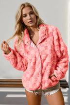 Medium pink fuzzy checkered long sleeve jacket. Tonal light/dark pink checks, button front, and pockets for western casual layering.
