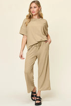 Khaki textured tee and wide leg pants with pockets. Neutral boutique-unique set for outdoor-cute, casual western outfits.