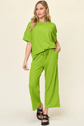 Lime textured short sleeve top and wide leg pants with pockets. Bright, soft, and casual-cute for sporty, country, and everyday outfits.