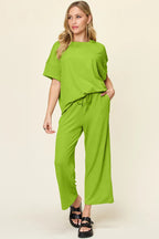 Lime textured short sleeve top and wide leg pants with pockets. Bright, soft, and casual-cute for sporty, country, and everyday outfits.