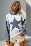 denim-accent knit sweater with star pattern, raw-edge hem, long sleeves, slight stretch, cozy boutique layering style for jeans or western boots