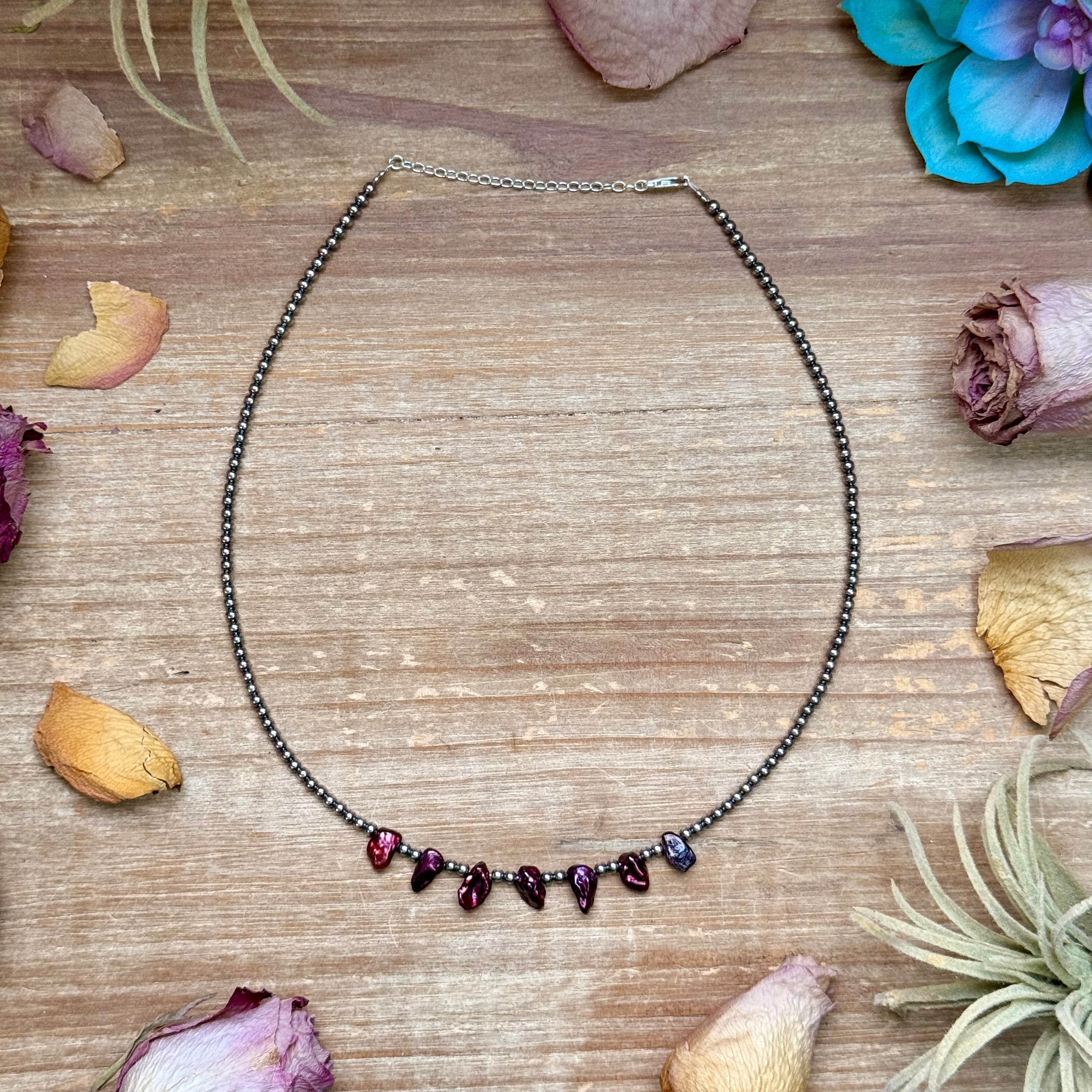 Hand-dyed freshwater pearl choker, 15.5 inch length, smooth round pearls with soft luster, lightweight, minimalist casual-dressy jewelry for everyday and western layering style.