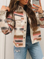 Women’s corduroy button-front jacket in earthy neutral tones, ribbed vintage texture, relaxed western casual layering piece for everyday outfits.