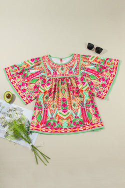 Plus Size Printed Round Neck Half Sleeve Blouse