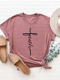Pink faith graphic tee with a soft everyday fit. Bold statement, easy to style with denim, cardigans, and vests. Cute, comfy, and casual.