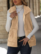 Apricot beige-tan textured fuzzy zip vest. Soft neutral country layer that styles easily with denim, caps, boots, and cozy everyday fits.