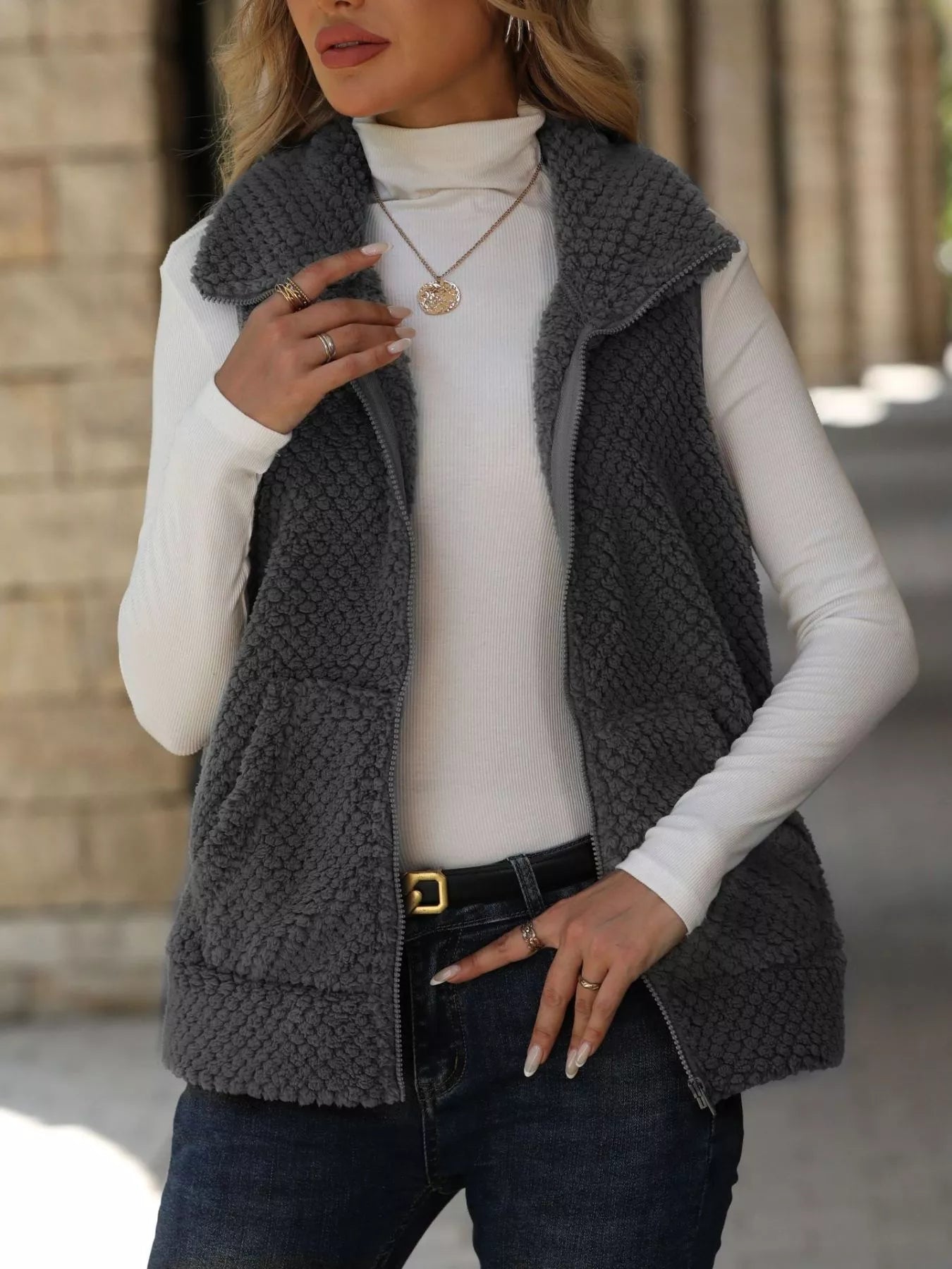 Gray textured fuzzy zip vest with a soft cozy feel. A versatile casual country layering staple for mom life, bonfires, boots, and everyday wear.