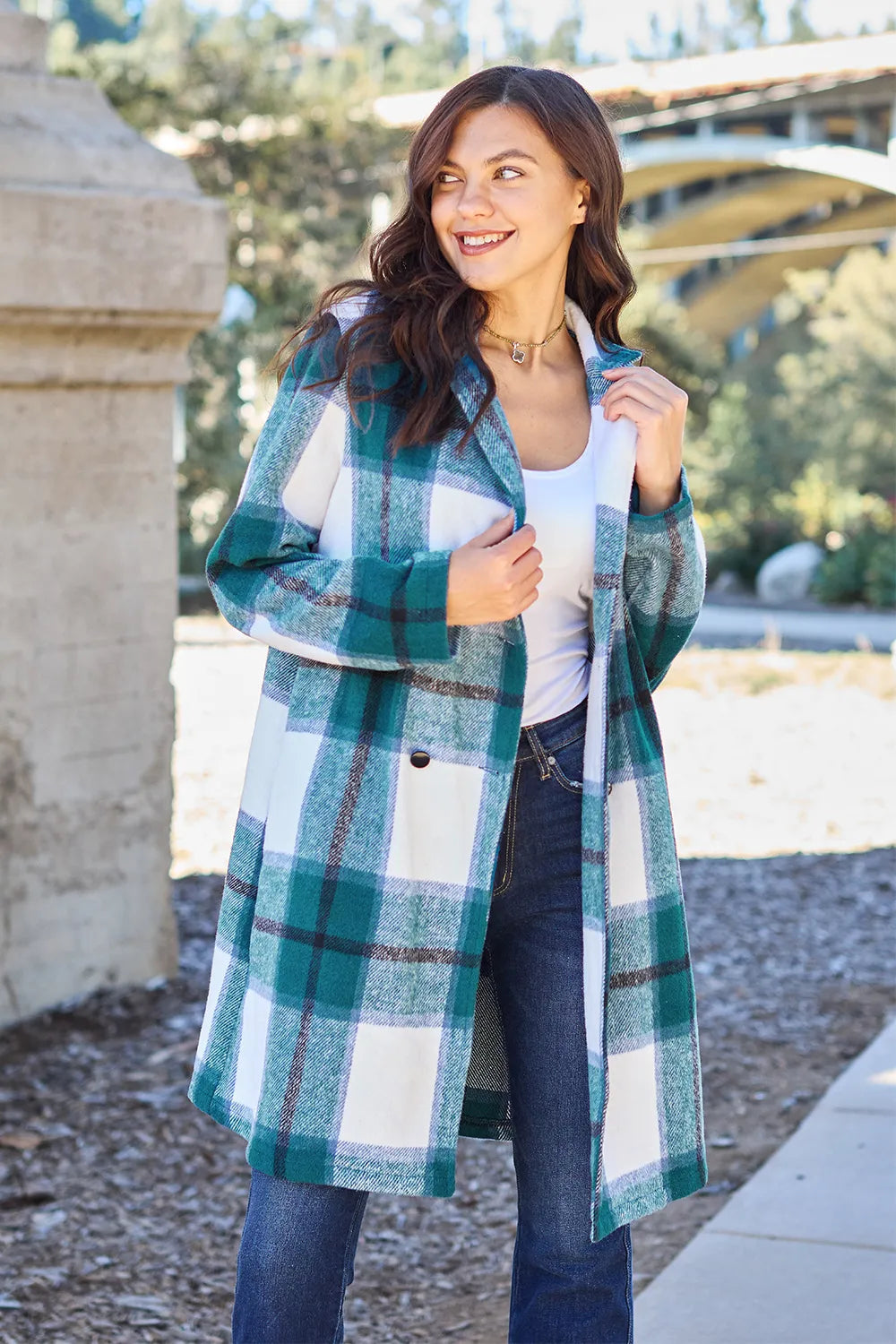 French blue plaid button-up coat, lapel collar, lightweight unlined fabric, front patch pockets, classic casual layering style, sizes S–3X