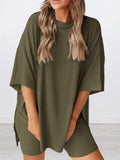 Women’s plus size lounge set with oversized slit hem top and soft comfy shorts, casual everyday cozy outfit for sleep and home wear.